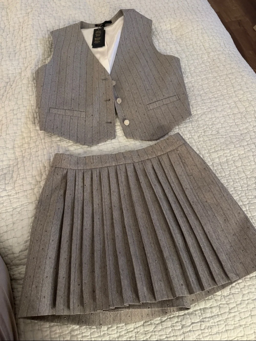 Maje Pleated Mini Skort and Vest Set in Light Gray - Picture 1 of 6